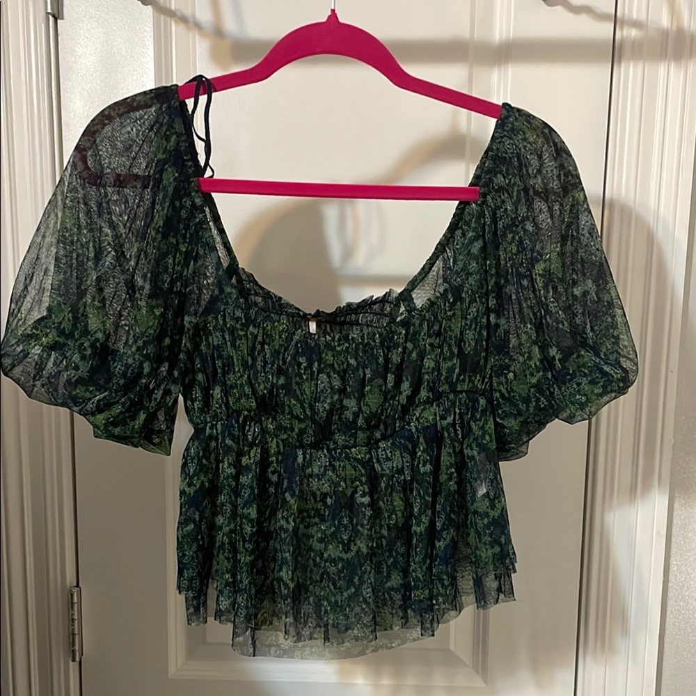 Free People Green Puff Sleeve Smocked Blouse NWT